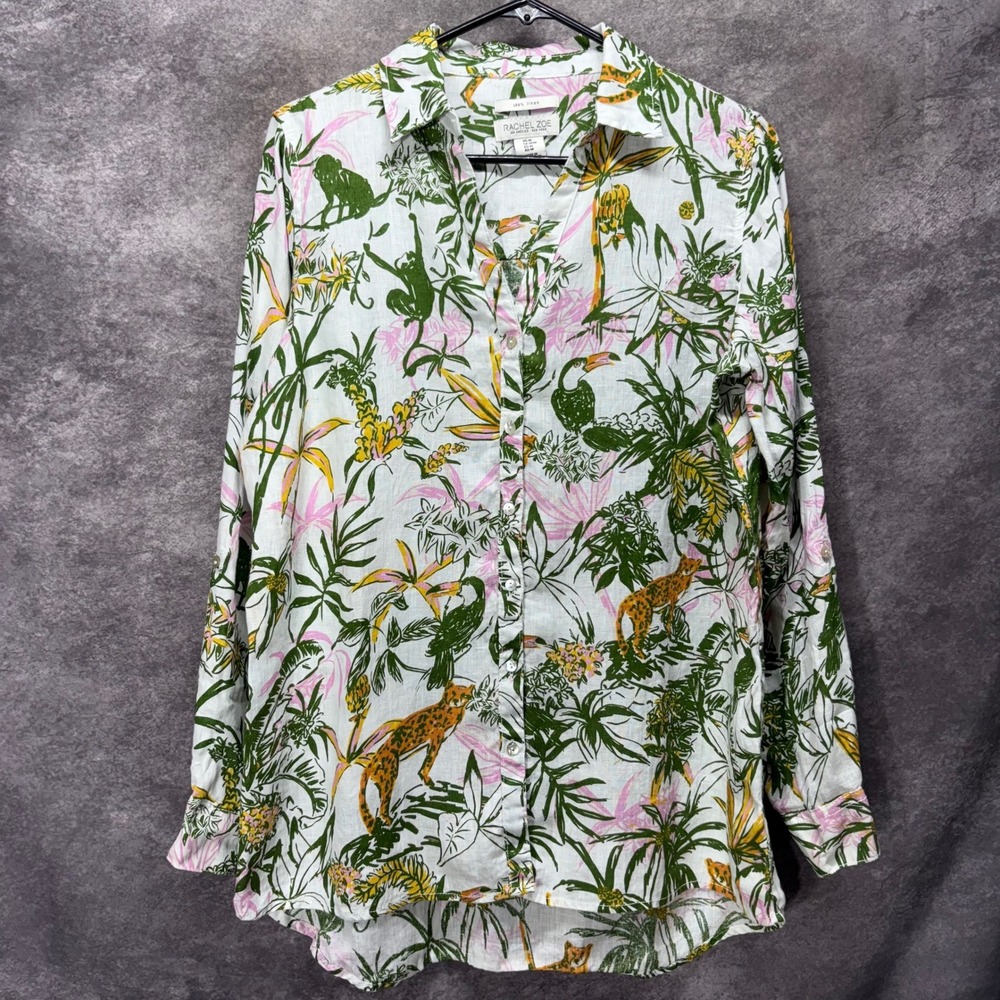 Rachel Zoe 100% Linen Tropical Jungle Animal Print Button Up Shirt Size M Toucan